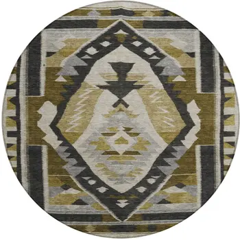 8' Chocolate Beige And Gray Round Tribal Washable Indoor Outdoor Area Rug