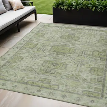 5' X 8' Artichoke Green And Gray Geometric Washable Indoor Outdoor Area Rug
