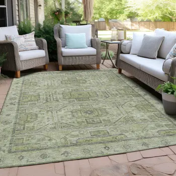 5' X 8' Artichoke Green And Gray Geometric Washable Indoor Outdoor Area Rug