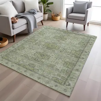 5' X 8' Artichoke Green And Gray Geometric Washable Indoor Outdoor Area Rug