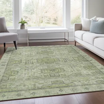 5' X 8' Artichoke Green And Gray Geometric Washable Indoor Outdoor Area Rug