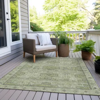 5' X 8' Artichoke Green And Gray Geometric Washable Indoor Outdoor Area Rug