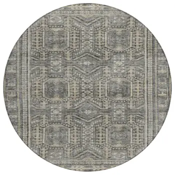 8' Pewter And Beige Round Geometric Washable Indoor Outdoor Area Rug
