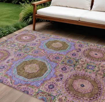 10' X 14' Pink And Teal Blue Medallion Washable Indoor Outdoor Area Rug