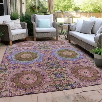 10' X 14' Pink And Teal Blue Medallion Washable Indoor Outdoor Area Rug