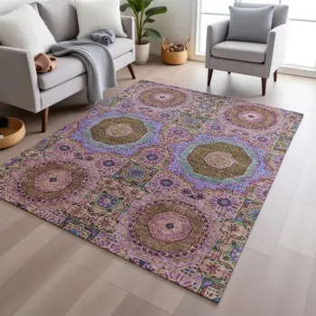 10' X 14' Pink And Teal Blue Medallion Washable Indoor Outdoor Area Rug