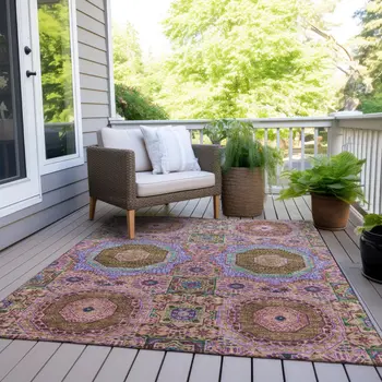 10' X 14' Pink And Teal Blue Medallion Washable Indoor Outdoor Area Rug