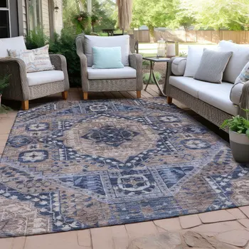 8' X 10' Brown And Beige Geometric Washable Indoor Outdoor Area Rug