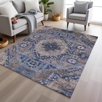 8' X 10' Brown And Beige Geometric Washable Indoor Outdoor Area Rug