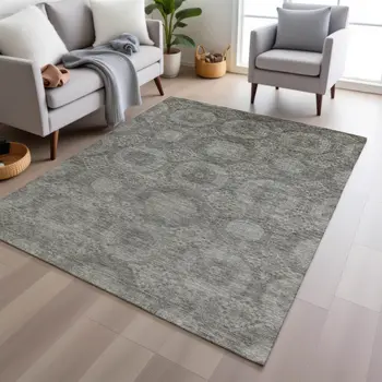8' X 10' Pewter And Gray Medallion Washable Indoor Outdoor Area Rug