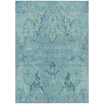 9' X 12' Blue Pale Aqua And Artichoke Green Floral Washable Indoor Outdoor Area Rug
