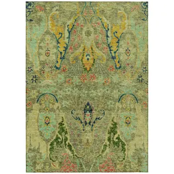 5' X 8' Green Gold And Pink Floral Washable Indoor Outdoor Area Rug