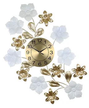 26" Gold White And Black Metal Silent Analog Floral Wall Clock