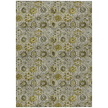 9' X 12' Pewter And Gold Floral Washable Indoor Outdoor Area Rug