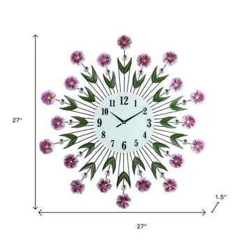 27" Purple Green And White Metal and Glass Silent Analog Floral Round Wall Clock