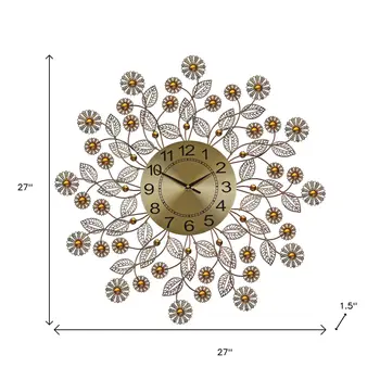 27" Gold And Black Metal And Faux Crystal Silent Analog FloralWall Clock