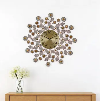 27" Gold And Black Metal And Faux Crystal Silent Analog FloralWall Clock