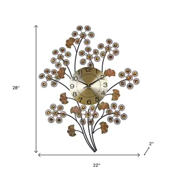 22" Copper Metal And Faux Crystal Silent Analog Gingko Floral Wall Clock