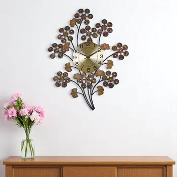 22" Copper Metal And Faux Crystal Silent Analog Gingko Floral Wall Clock