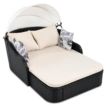 48" Black Rattan and Cushions Patio Daybed with Toss Pillows