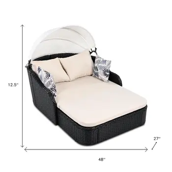 48" Black Rattan and Cushions Patio Daybed with Toss Pillows