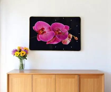 24" Pink Black And Gold Solid Wood and Acrylic Silent Orchids Floral Wall Clock