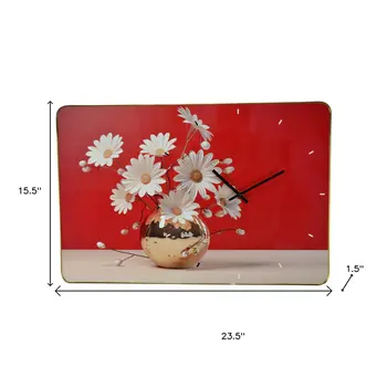 24" Gold Red And White Solid Wood and Acrylic Silent Daisies Floral Wall Clock