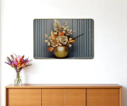 24" Beige Gold And Gray Solid Wood and Acrylic Silent Analog Floral Wall Clock