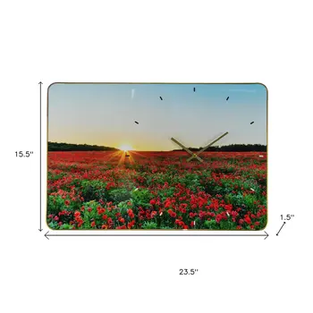 24" Red Blue And Gold Solid Wood and Acrylic Silent Poppies Floral Wall Clock