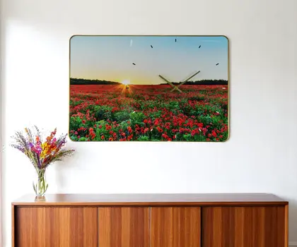 24" Red Blue And Gold Solid Wood and Acrylic Silent Poppies Floral Wall Clock