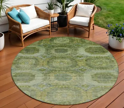 8' Artichoke Green And Beige Round Medallion Washable Indoor Outdoor Area Rug