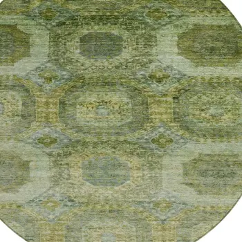 8' Artichoke Green And Beige Round Medallion Washable Indoor Outdoor Area Rug