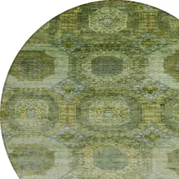 8' Artichoke Green And Beige Round Medallion Washable Indoor Outdoor Area Rug