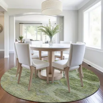 8' Artichoke Green And Beige Round Medallion Washable Indoor Outdoor Area Rug