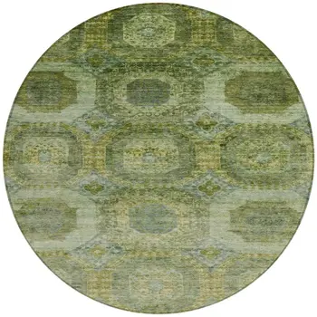 8' Artichoke Green And Beige Round Medallion Washable Indoor Outdoor Area Rug
