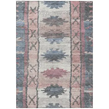 8' X 10' Denim Blue And Blush Tribal Washable Indoor Outdoor Area Rug
