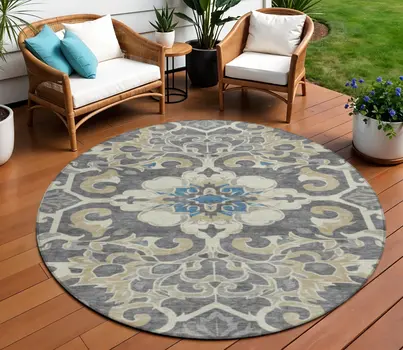 8' Beige And Charcoal Round Damask Washable Indoor Outdoor Area Rug