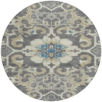 8' Beige And Charcoal Round Damask Washable Indoor Outdoor Area Rug
