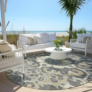 8' Beige And Charcoal Round Damask Washable Indoor Outdoor Area Rug