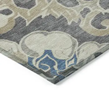 8' Beige And Charcoal Round Damask Washable Indoor Outdoor Area Rug