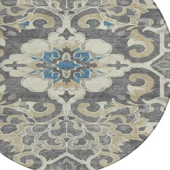 8' Beige And Charcoal Round Damask Washable Indoor Outdoor Area Rug