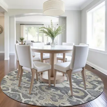 8' Beige And Charcoal Round Damask Washable Indoor Outdoor Area Rug