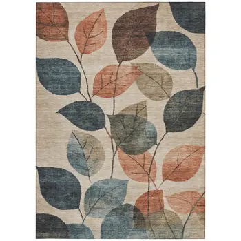 9' X 12' Beige Copper And Denim Blue Floral Washable Indoor Outdoor Area Rug