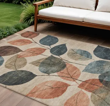 9' X 12' Beige Copper And Denim Blue Floral Washable Indoor Outdoor Area Rug