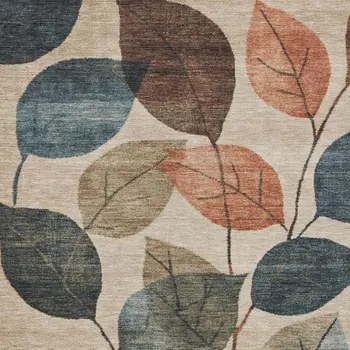 9' X 12' Beige Copper And Denim Blue Floral Washable Indoor Outdoor Area Rug