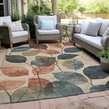 9' X 12' Beige Copper And Denim Blue Floral Washable Indoor Outdoor Area Rug