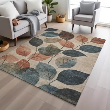 9' X 12' Beige Copper And Denim Blue Floral Washable Indoor Outdoor Area Rug