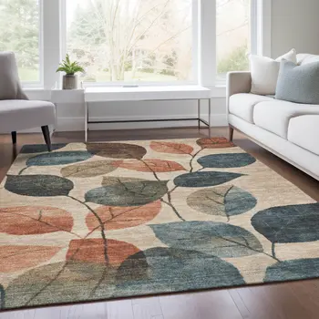 9' X 12' Beige Copper And Denim Blue Floral Washable Indoor Outdoor Area Rug