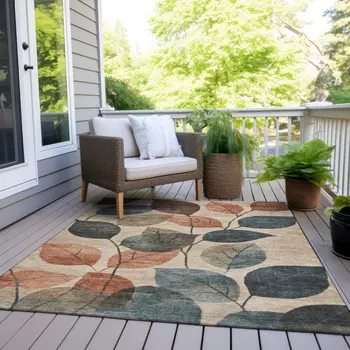 9' X 12' Beige Copper And Denim Blue Floral Washable Indoor Outdoor Area Rug