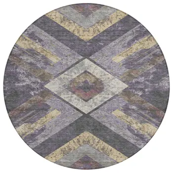 8' Purple And Gold Round Geometric Washable Indoor Outdoor Area Rug